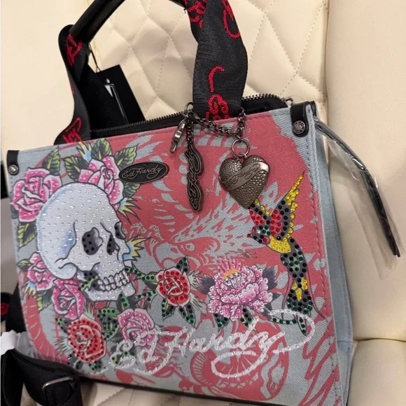 Ed Hardy Pink and Gray Tote with Skull Design - Picture 3 of 5